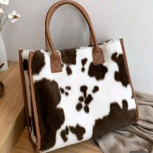 Faux Fur Cow-Print Tote Bag in Brown and White